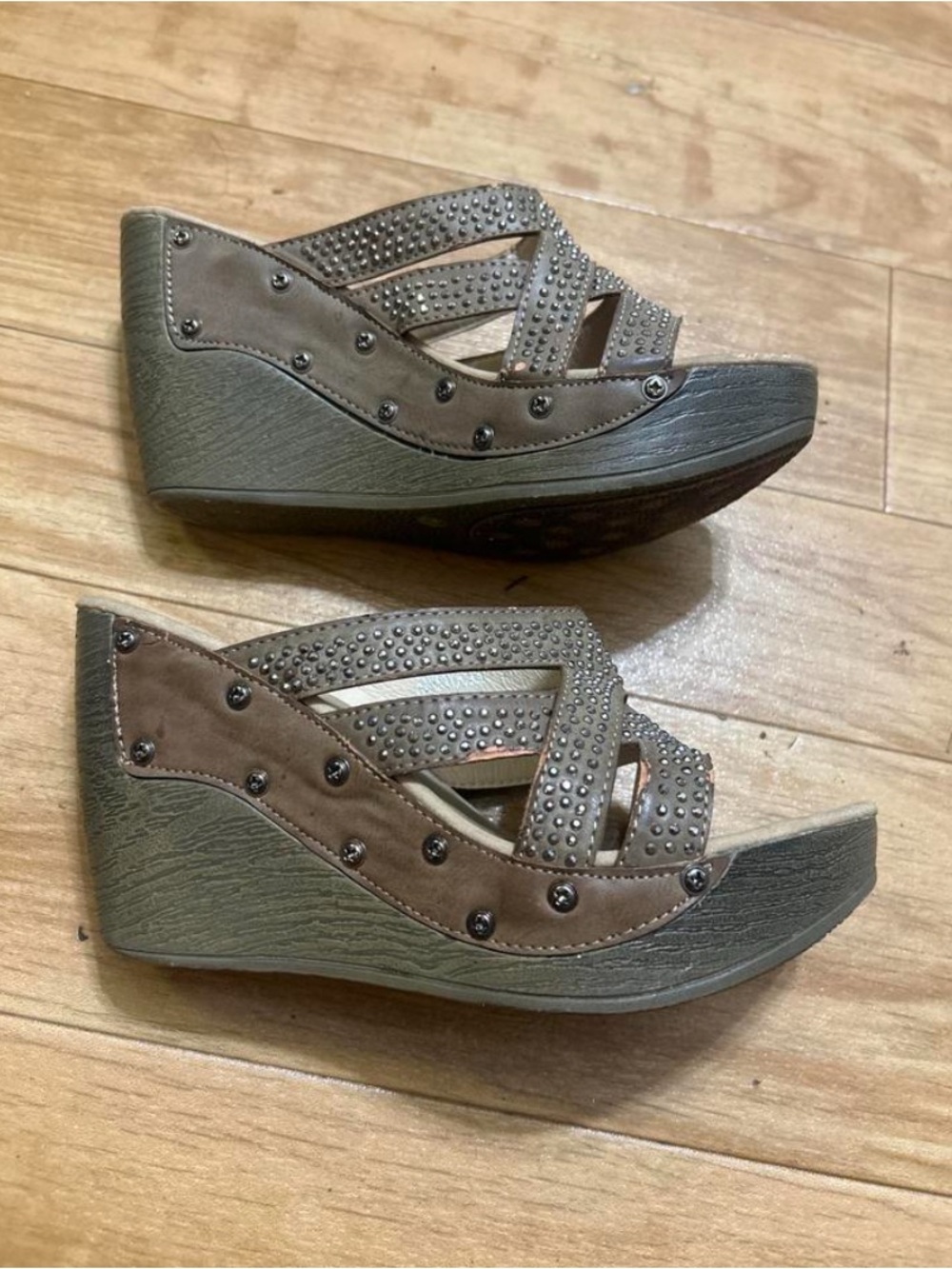Embellished Taupe Wedge Slide Sandals size 6